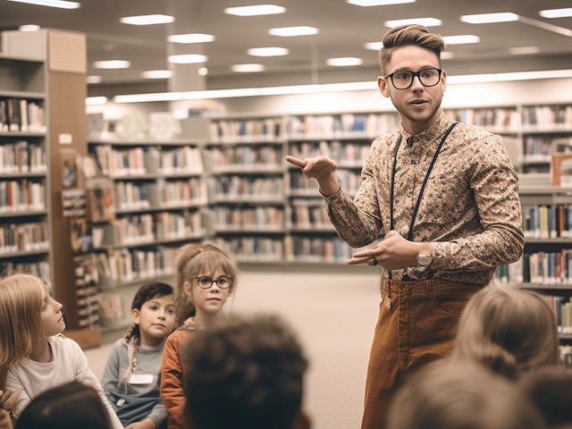 Ilustrační foto: mladý muž vysvětluje dětem v knihovně